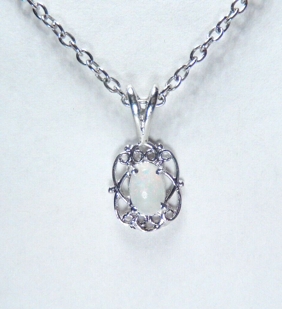 *NWT* 10k White Gold Oval Opal Filigree Pendant with 18" Chain