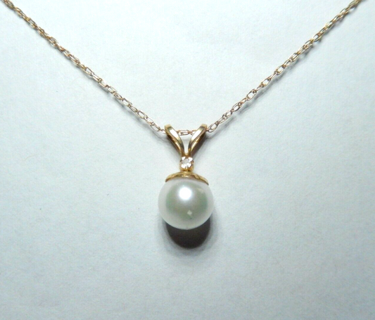 *VINTAGE*   14k Yellow Gold Natural 6.5mm Pearl & Diamond Pendant w/18" 14KChain
