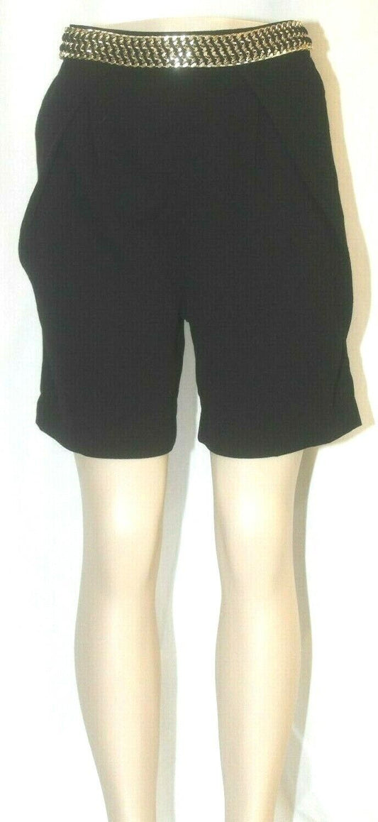 *NWT* $60. Maude Black Elastic Cute Ladies Shorts Gold Metal Sewn In Belt Sz L