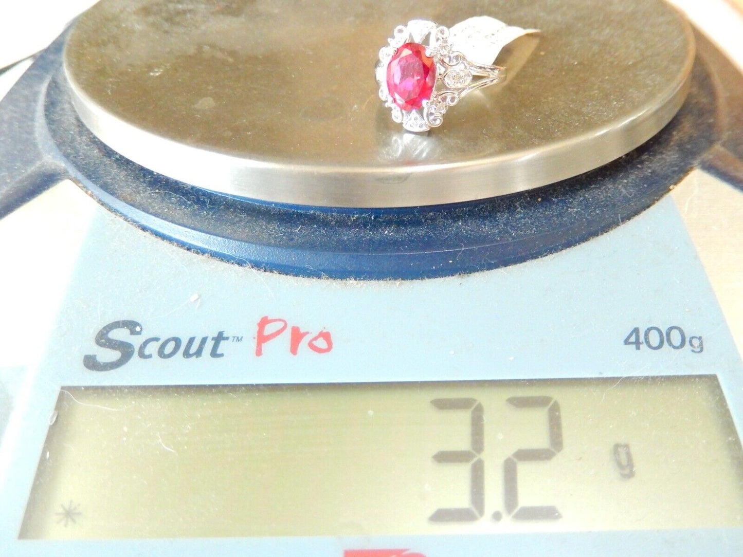 *NWT* 10k White Gold Lab Created 2.00 CT Oval Ruby and Diamond Halo Ring Sz 6.5