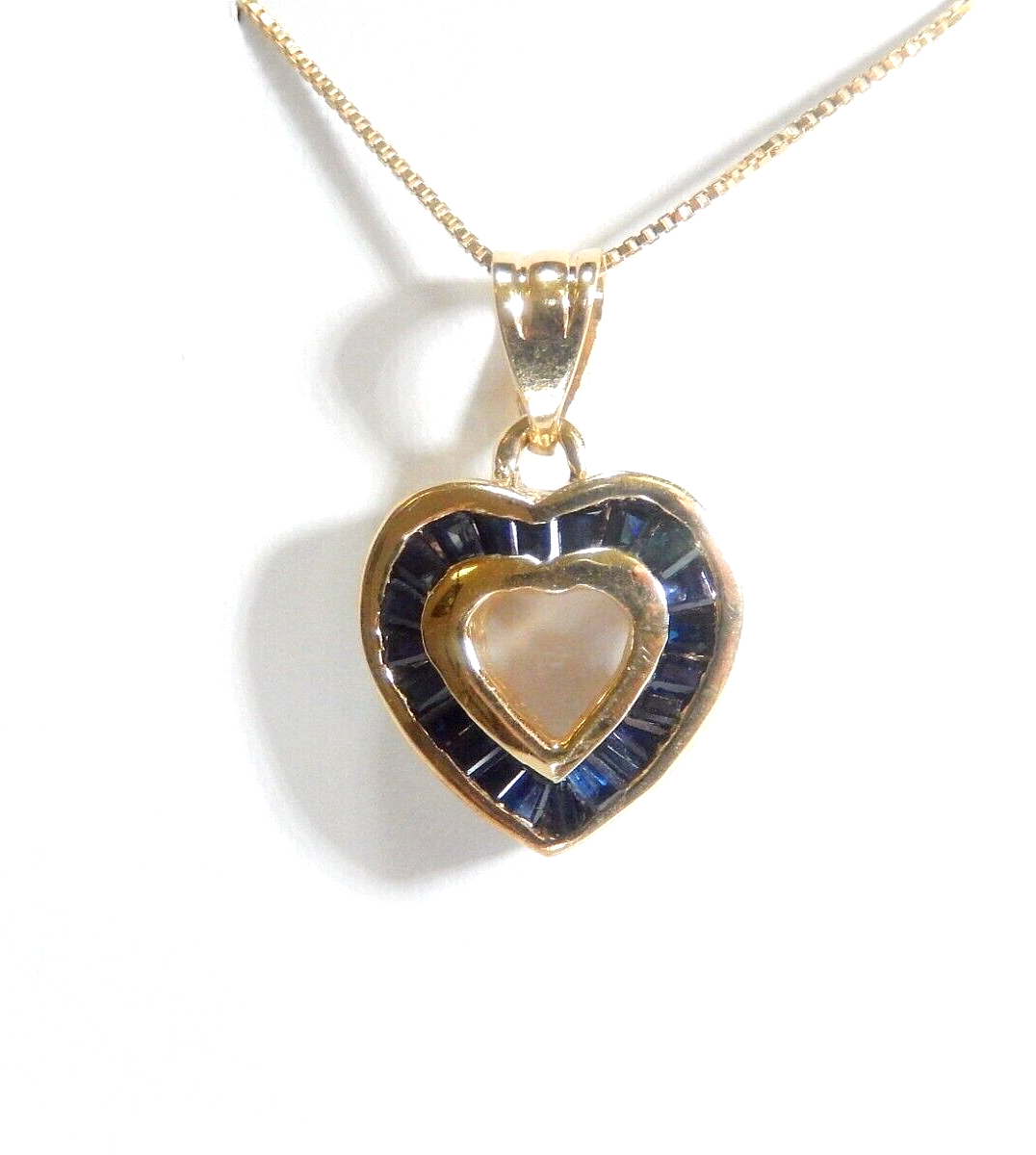 *VINTAGE* 14K Yellow Gold Lab Created Baguette Sapphire Heart Pendant w/18"chain