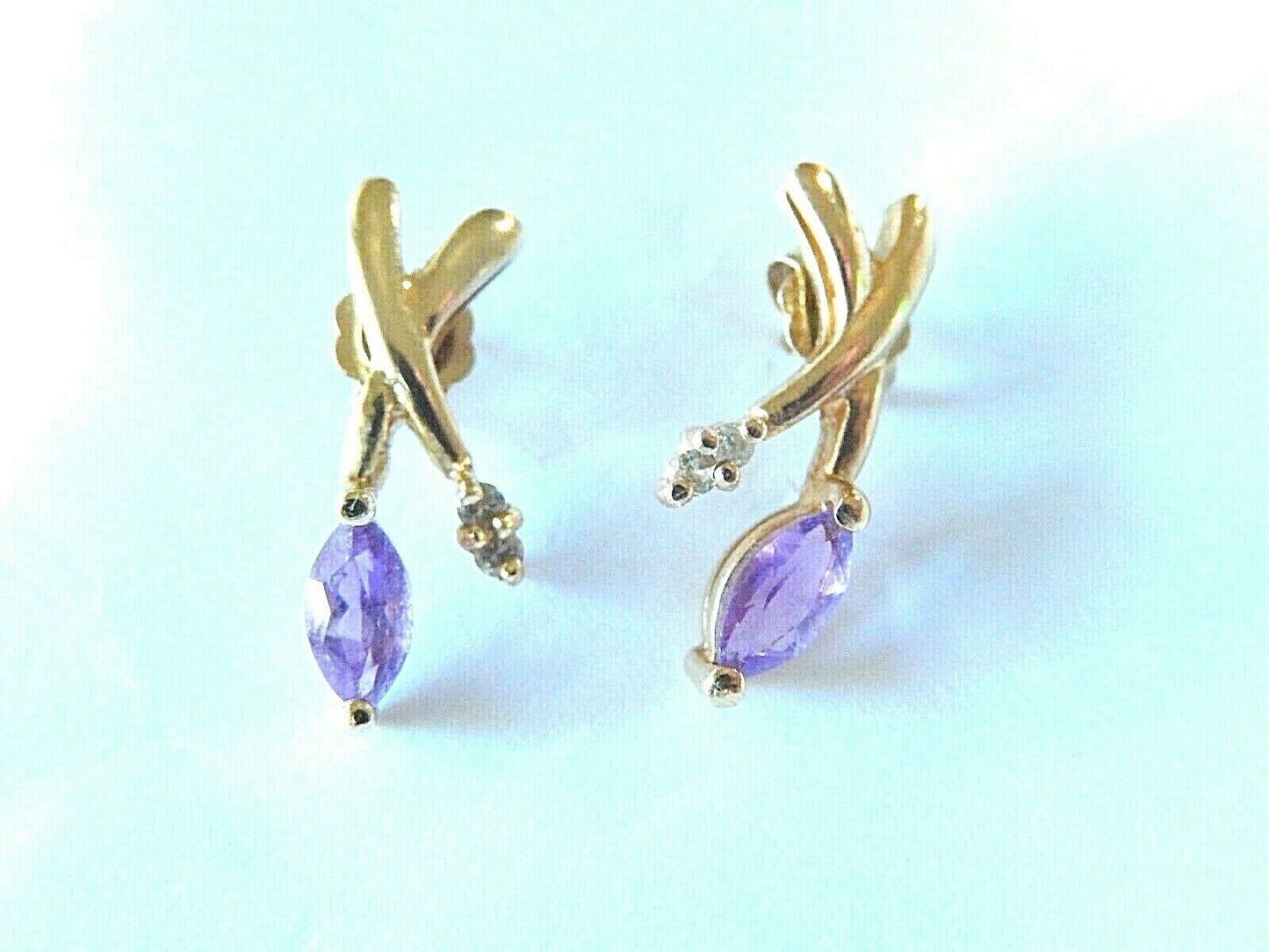 *VINTAGE* 14k Yellow Gold .50CT Marquise Amethyst And Diamond Earrings