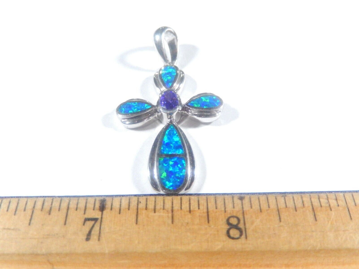 *VINTAGE*   Sterling Silver 925 Amethyst & Blue Fire Opal Cross Pendant