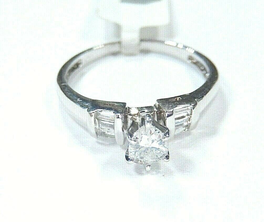 *NWT*  14K White Gold 1.00CT Pear & Baguette Natural Diamond Wedding Ring Sz 7.5