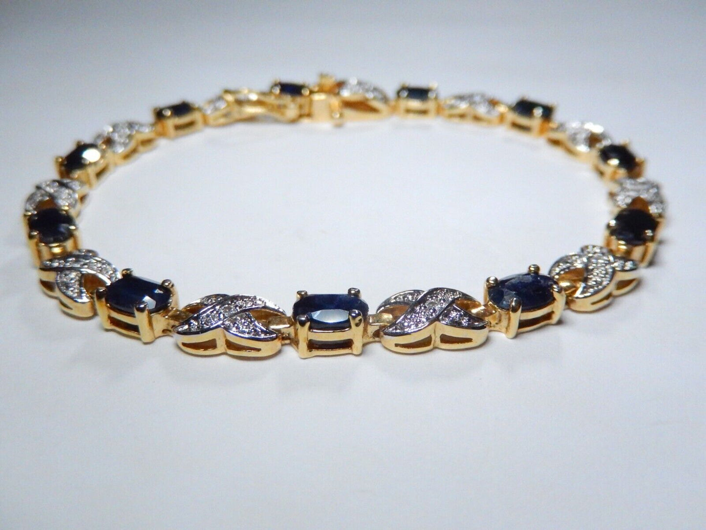 *VINTAGE*    Gold Plated Genuine Oval Sapphire & Diamond 7" X Link Bracelet