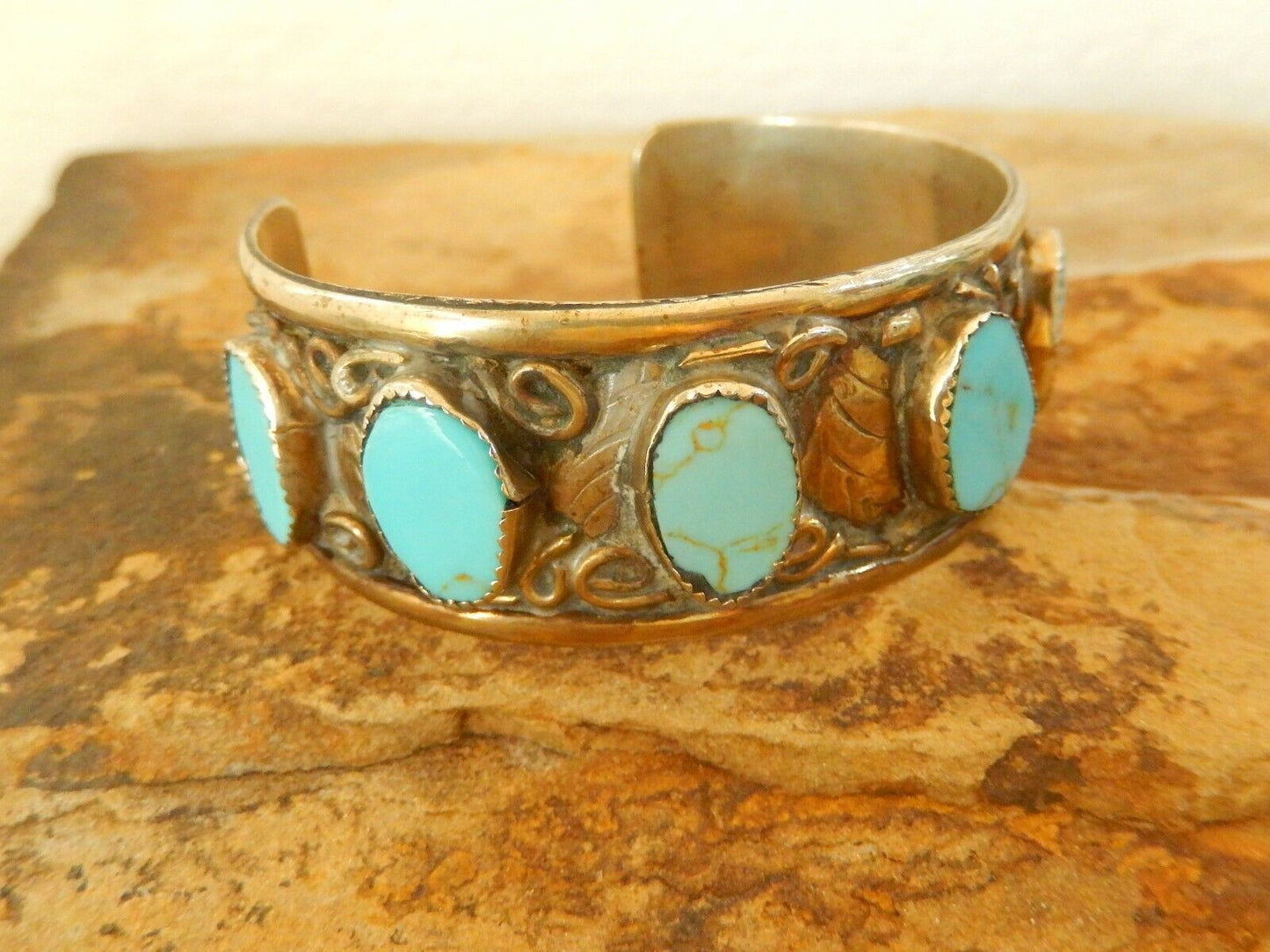 Vintage  South West Turquoise Wide Coin Silver Cuff Bangle 40.23gms