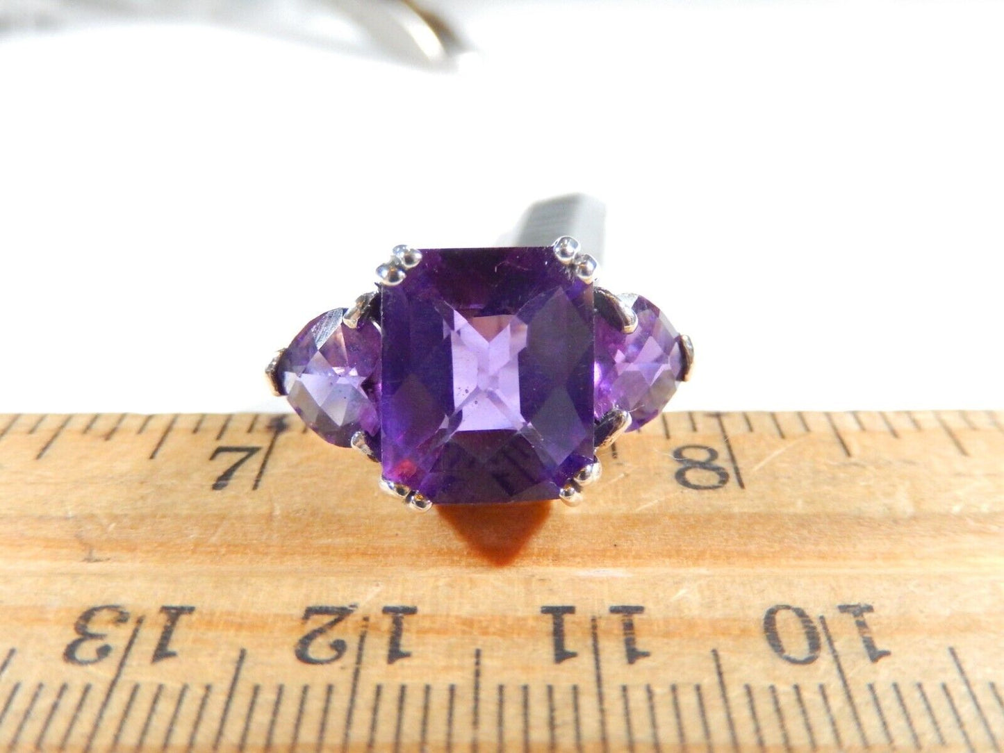 *VINTAGE*  Sterling Silver 8.00 CT Checkerboard Amethyst Three Stone Ring Size 7
