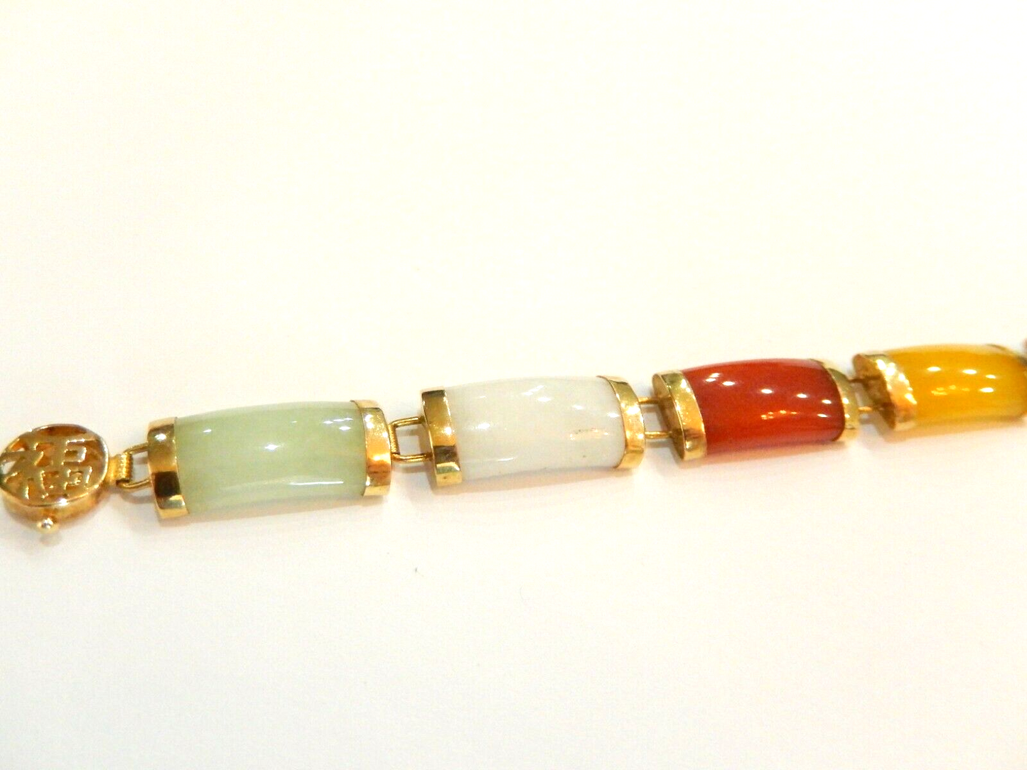 10K Yellow Gold Multi-Color Jade 8.5 MM Wide Capped Bar Link Bracelet 7.5 Inch