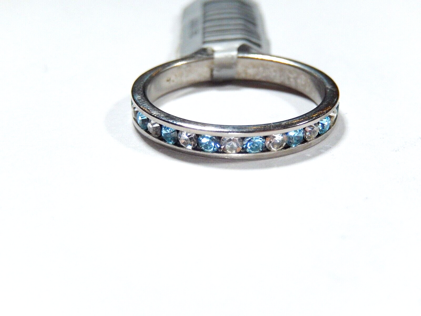 *VINTAGE*  3mm  Swiss Blue Topaz & CZ Eternity Band Ring in Sterling Silver Sz 7
