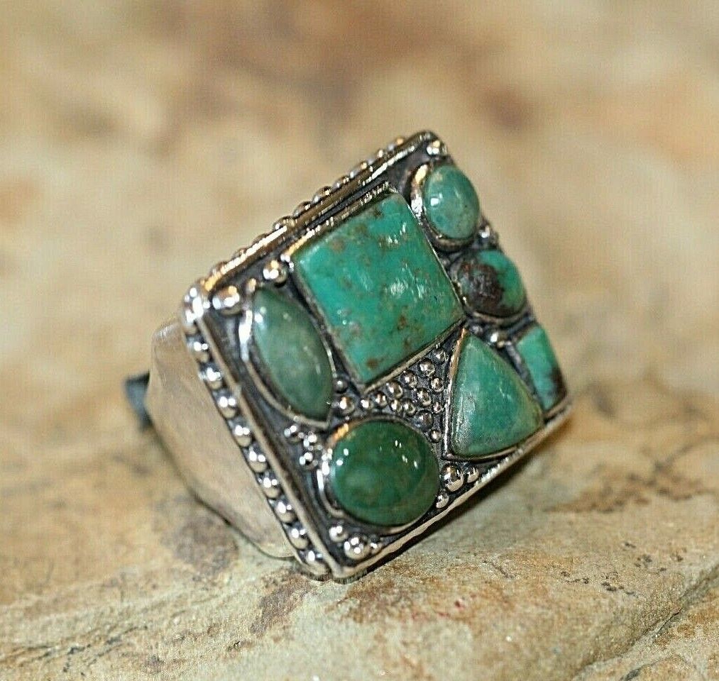 *VINTAGE*  Native American HUGE Sterling Silver Green Turquoise Ring Size 6.5