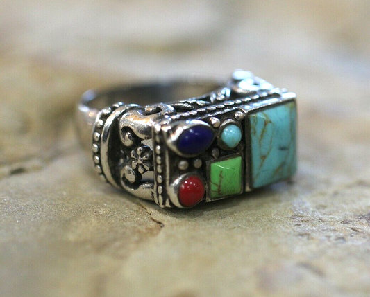 *VINTAGE* Turquoise & Coral Southwest Sterling Silver Women Size 8.75