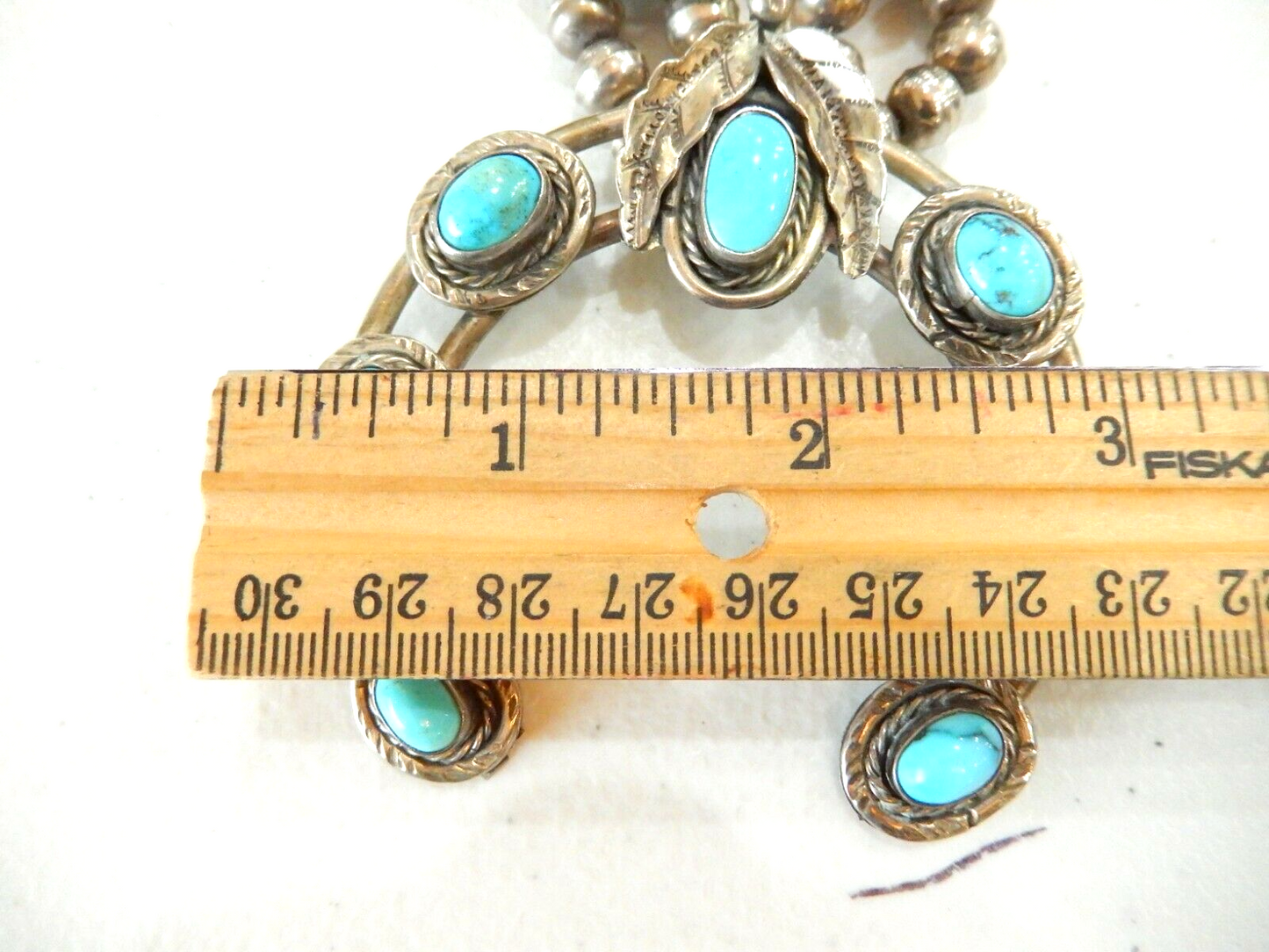 NATIVE AMERICAN  Navajo Turquoise Sterling Silver Squash Blossom  Necklace  30"