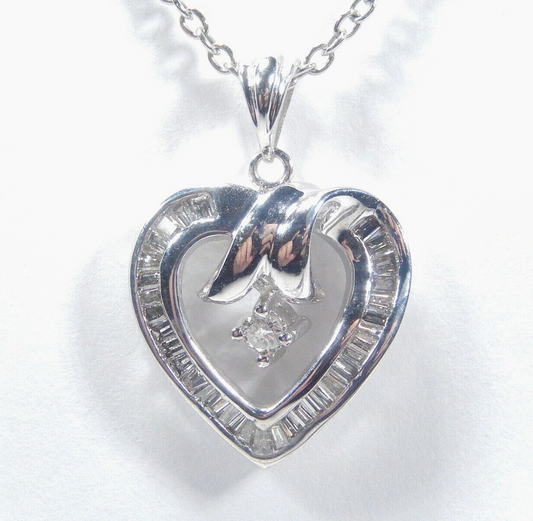 10K White Gold .75CT Baguette & Dangle Natural Diamond Heart Pendant w/18" chain