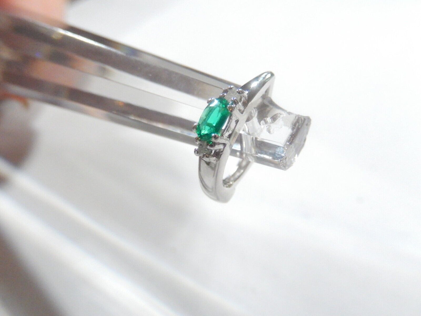 10K White Gold Lab Created Emerald & Real Diamond Huggies Hoop Earrings
