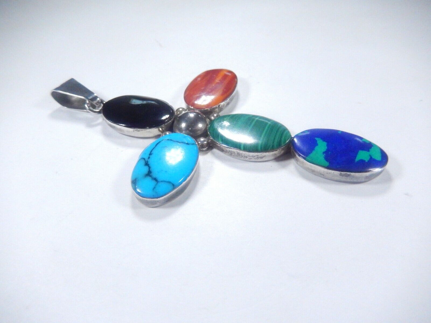 *VINTAGE*  Large Sterling Taxco Mexico Multi Gemstone Cross Pendant 3.5" Tall
