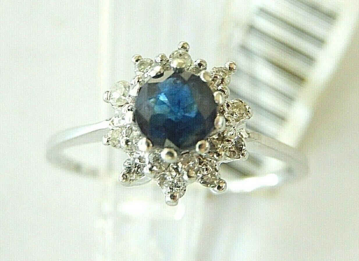 *VINTAGE* 14K White Gold Blue Sapphire Double VS2 Diamond Halo Ring .88TCW 8.25