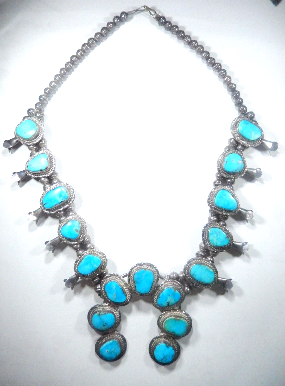 Old Pawn Rustic Natural TURQUOISE & Sterling 26" Squash Blossom Necklace 188 gms