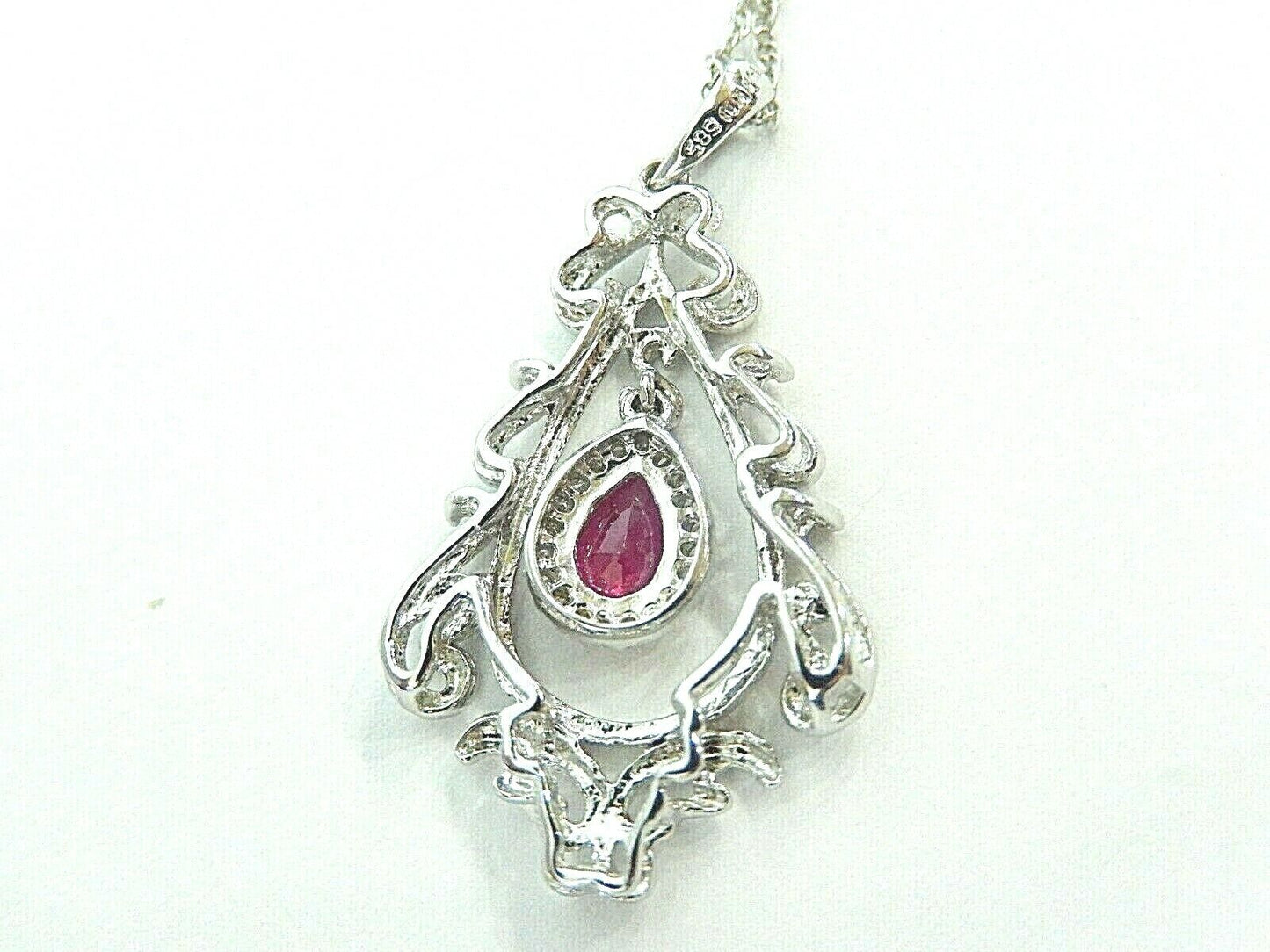 14K White Gold Natural Ruby & Diamond Scroll Swivel Pendant w/ 20" Chain