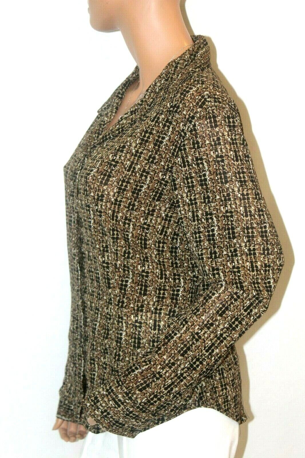 New York & Company Brown/White Button Down Collared Long Sleeve Sheer Top Sz XL