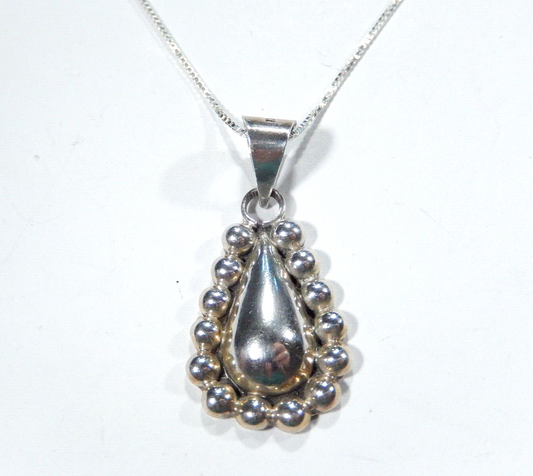 *VINTAGE*  Sterling Silver Mexico Beaded Tear Drop Pendant w/18" Box Chain