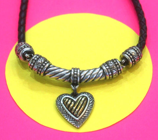 RETIRED Brighton Black Braided Leather Cord Heart Pendant Statement Necklace