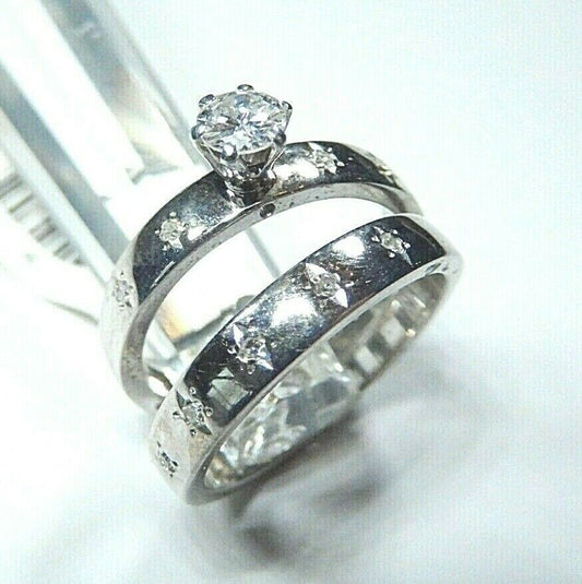 *VINTAGE*  14K White Gold 2Pcs .33CT Diamond Wedding Engagement Ring Set Size 5