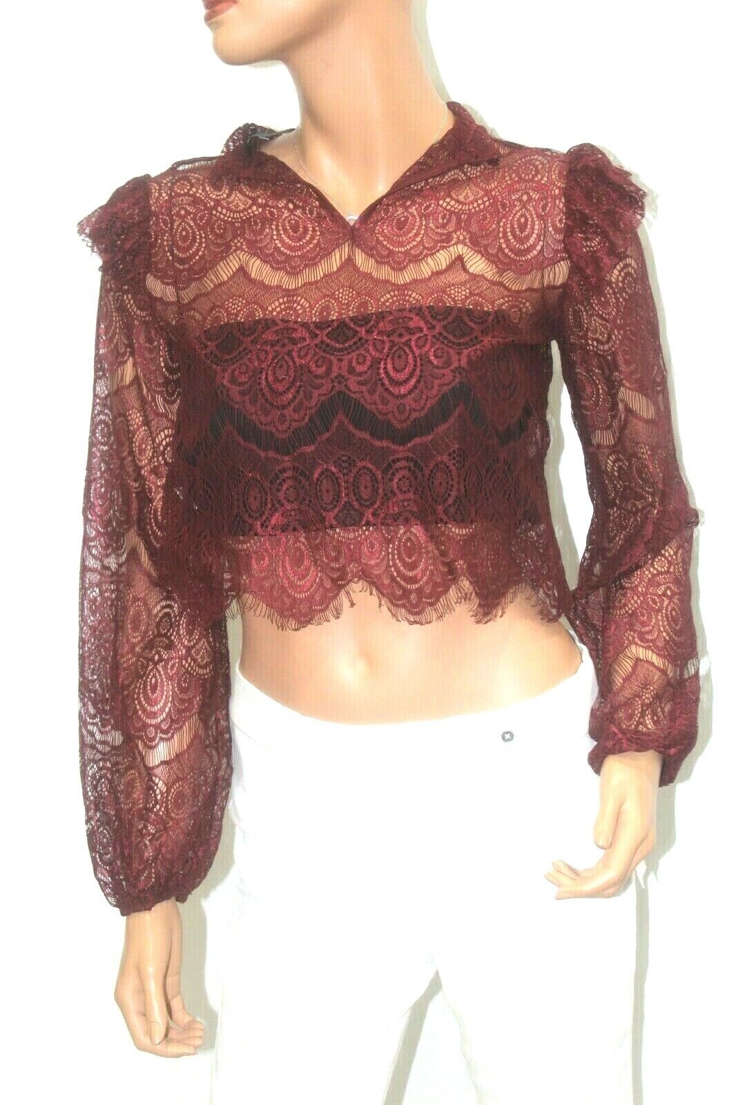 *NWT* Forever 21 Women's Wine Color Lace Crop Top Long Sleeve  Size Small