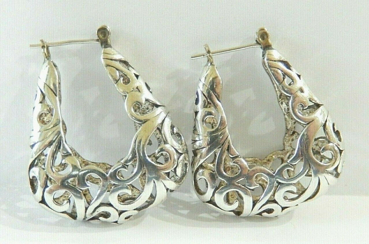 *VINTAGE*  Thick Sterling Silver  Filigree Very Nice Hoop Earrings 1.25" x 1"
