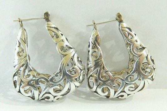 *VINTAGE*  Thick Sterling Silver  Filigree Very Nice Hoop Earrings 1.25" x 1"
