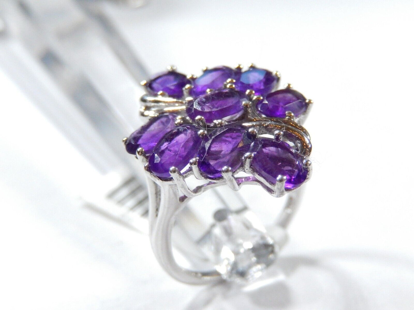 *VINTAGE*  4.00 CT  Nine Oval Amethyst Sterling Silver Cluster Ring - Size 7.25