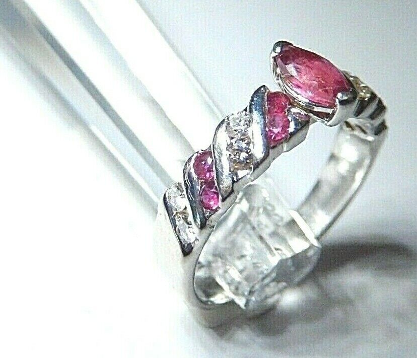 *NWT*  10K White Gold Marquise Red Ruby & Diamond Channel Set Ring  Size 6.5