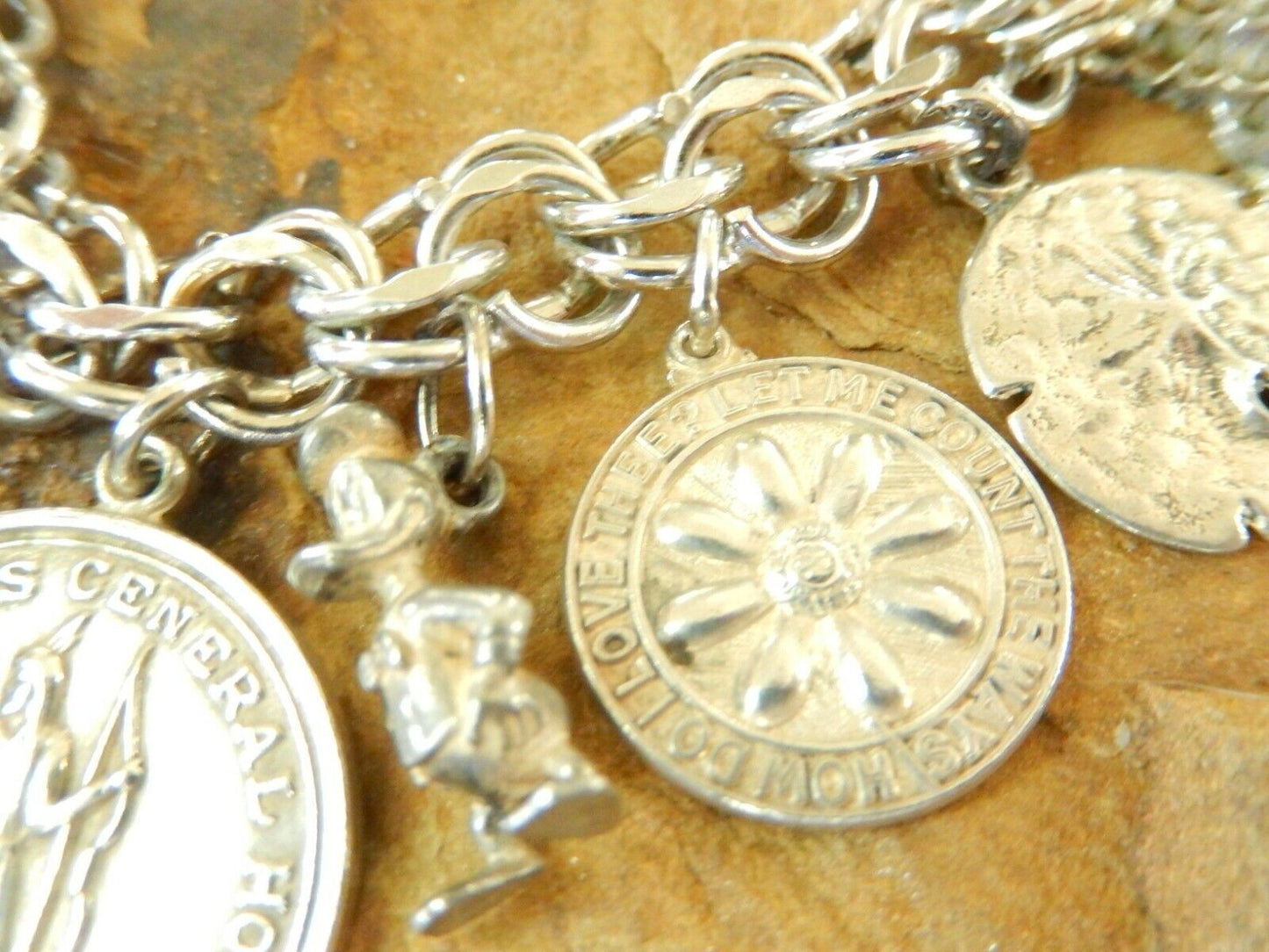 *VINTAGE *  JB Sterling Silver Heavy Dbl Link Charm Bracelet & 14 Mixed Charms