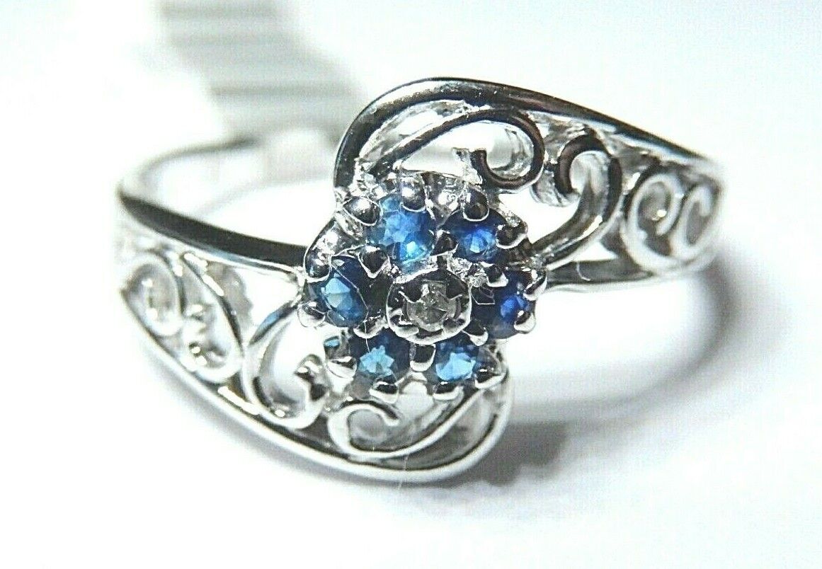 *NWT*  10k White Gold Sapphire and Diamond Flower Filigree Ring Sz 7