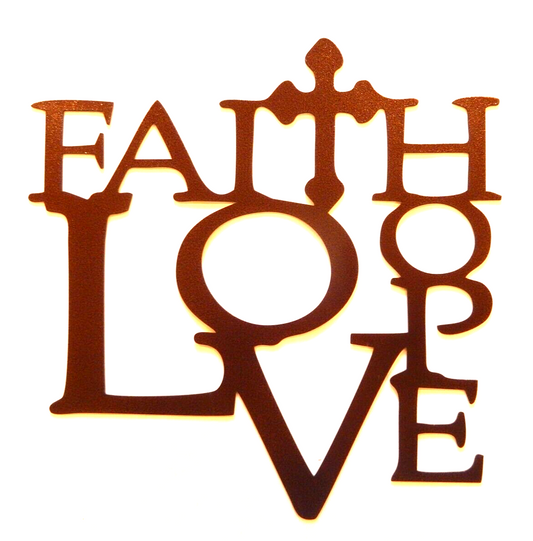 ~NEW~ 14ga. "Faith Love and Hope with Cross" Copper Brown Metal Wall Art 14"x14"