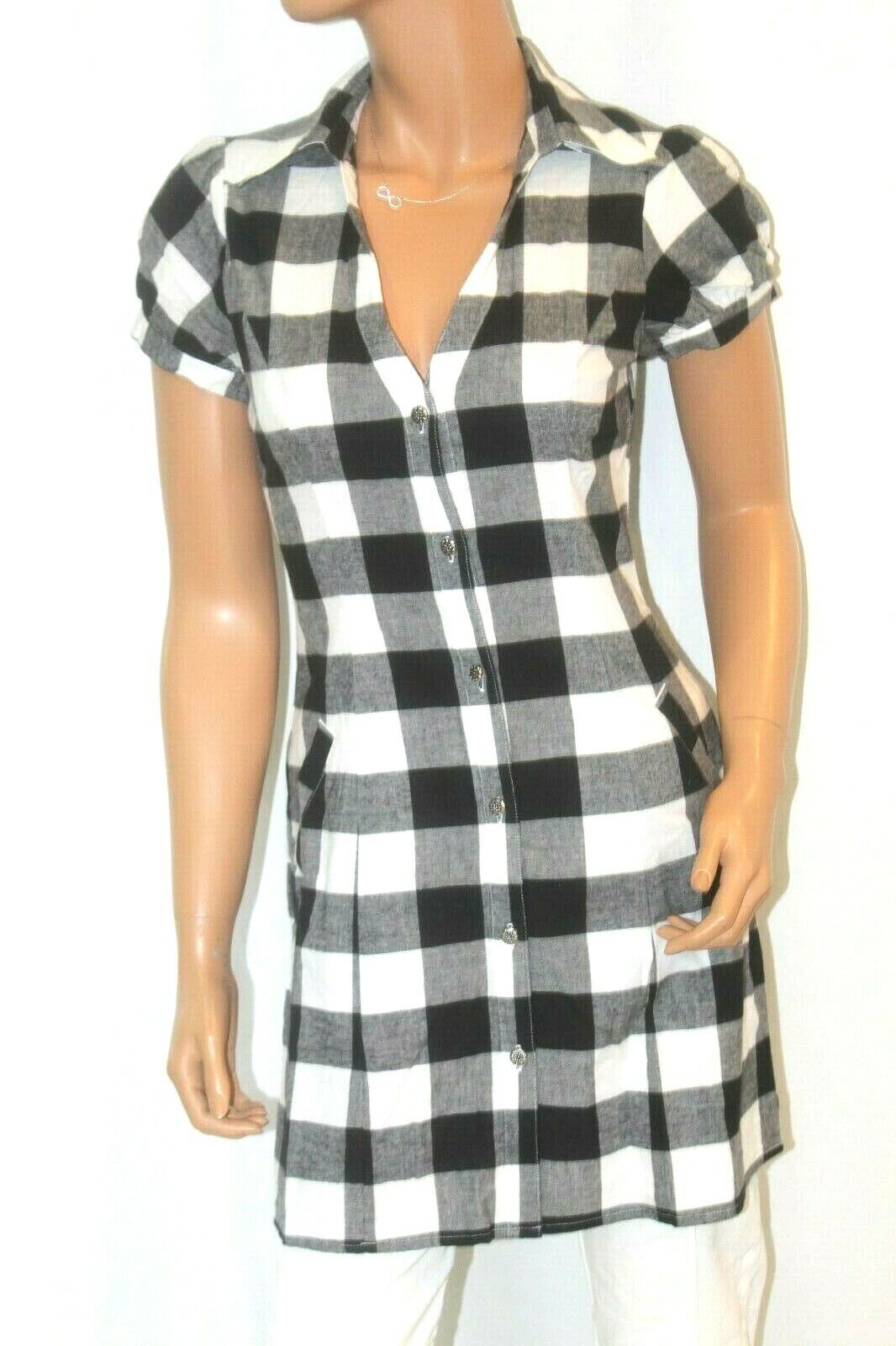 *NEW^  Finesse Cotton Front Button Down Black & White Plaid Dress w/Pockets Sz S