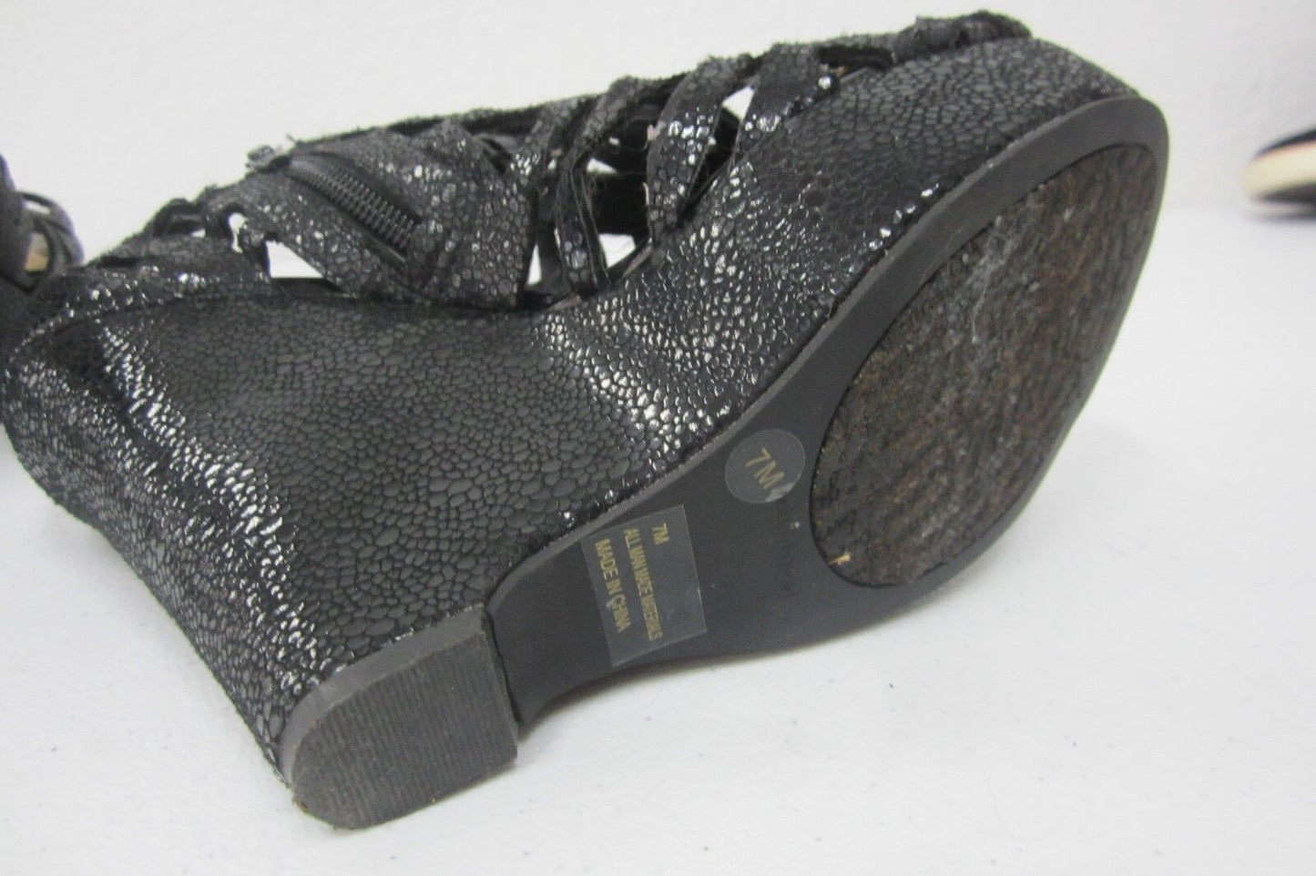 *NEW*  Gianni Bini Zip Up Black Leather Faux Snakeskin Wedge Open Toe Shoes 7M