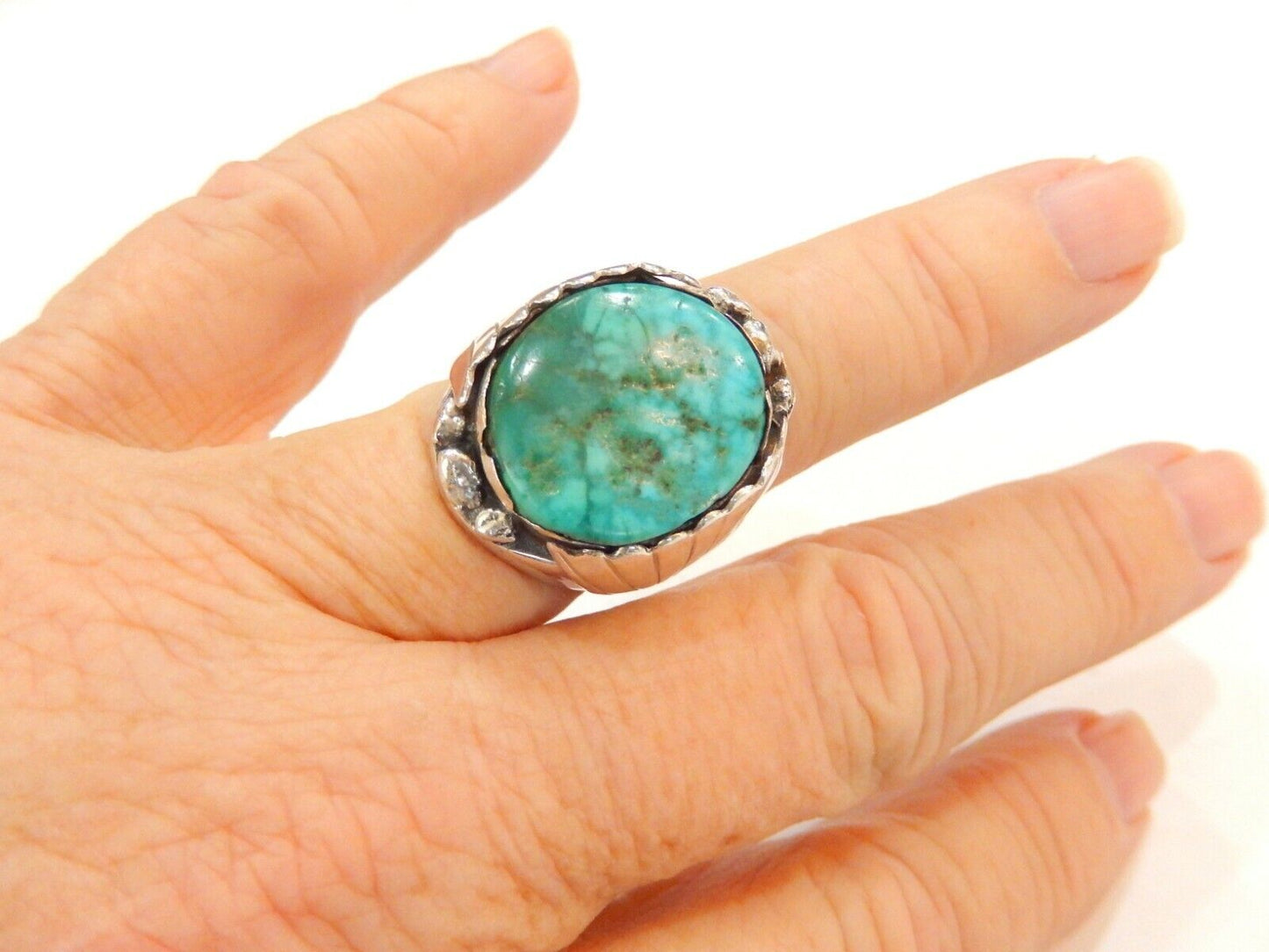 *VINTAGE* Turquoise Native American Heavy 34gm Men's Ring Sterling Silver Sz 10