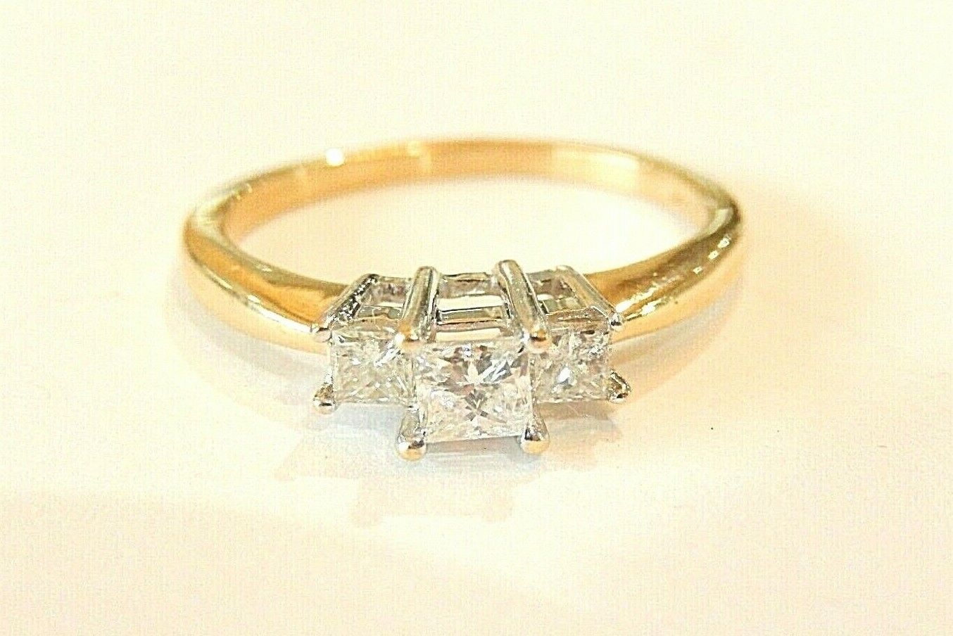 14K Yellow Gold .68CT Diamond Princess Cut Three Stone Engagement Ring Sz 8.75