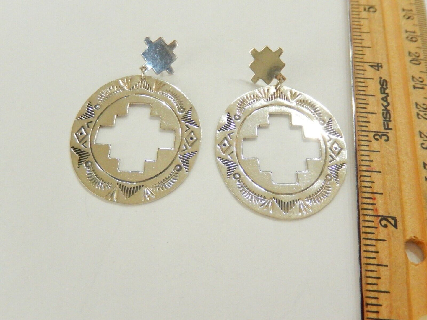 *VINTAGE* LARGE - Native American Signed Stamped Sterling Silver Dangle Earrings