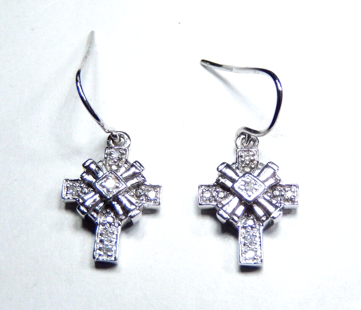 *VINTAGE*  14K White Gold Natural Diamond Cross Drop Dangle Hook Earrings