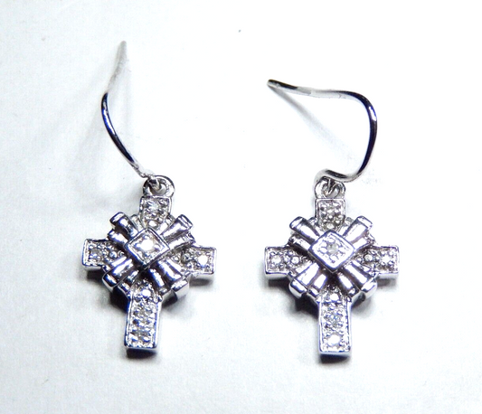 *VINTAGE*  14K White Gold Natural Diamond Cross Drop Dangle Hook Earrings