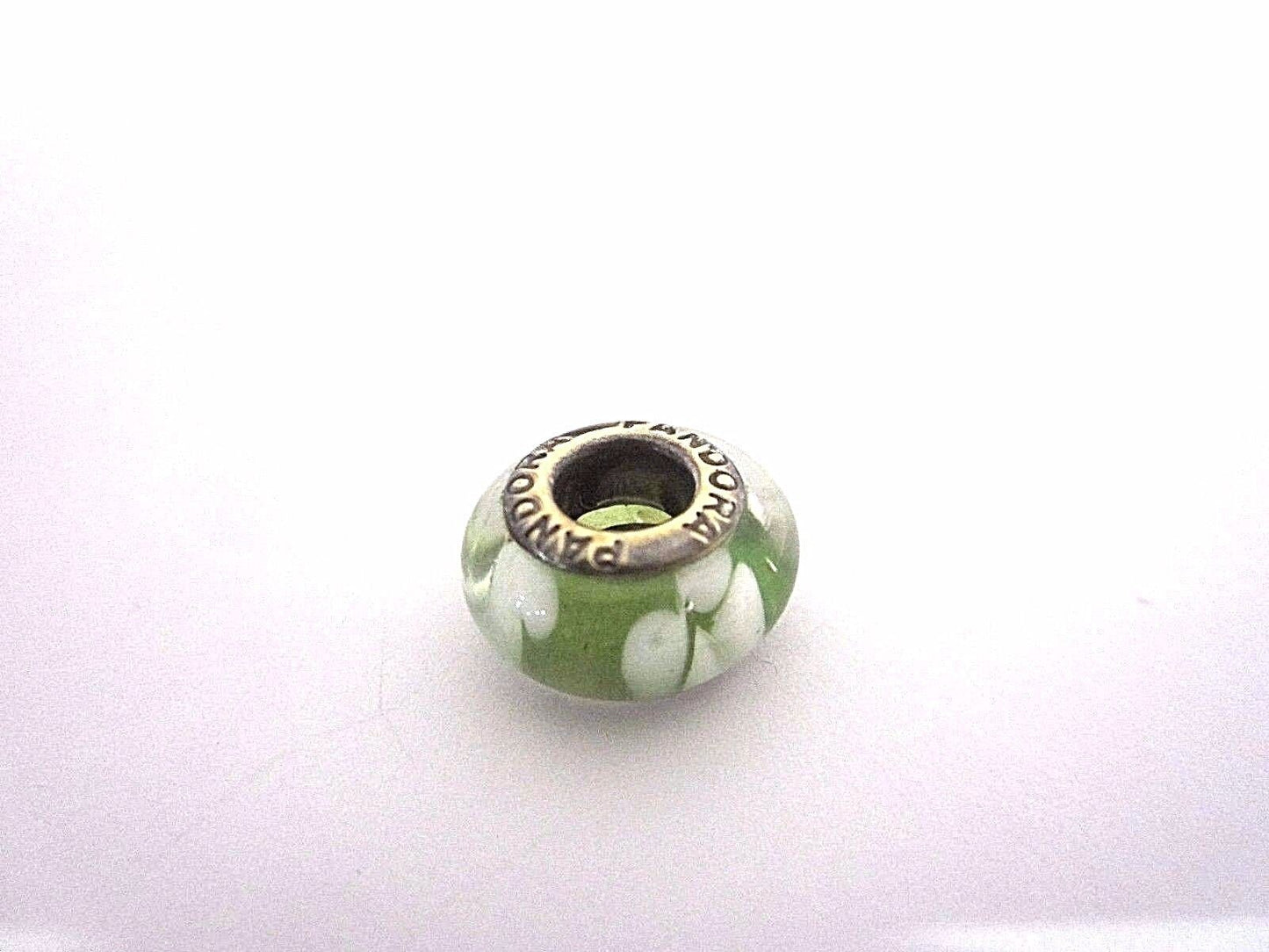 Authentic  Pandora Sterling Silver Green/White Dots  Murano glass twist-on Bead