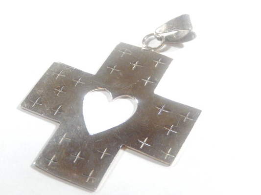 *VINTAGE*  Mexico  925 Sterling Silver Large Heart Cross Pendant