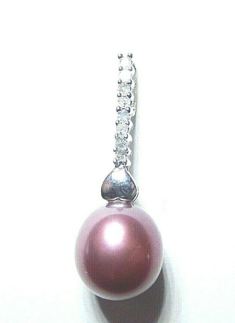 *NWT* 10k Solid White Gold Real Purple 8.5mm Pearl & 8 Diamond Pendant 1" Tall