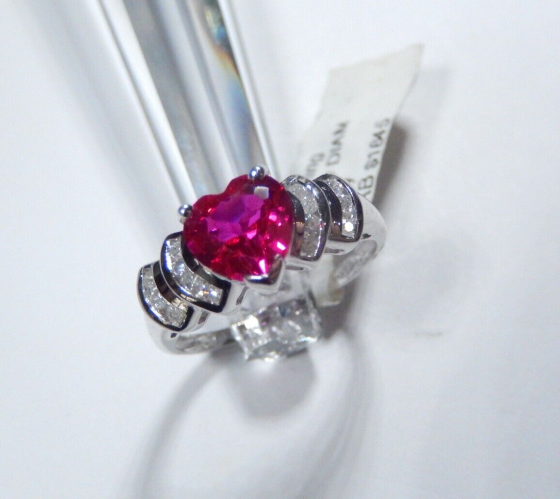 *NWT* 10K White Gold Heart Lab Created Ruby & Natural Diamond Ring Sz 7