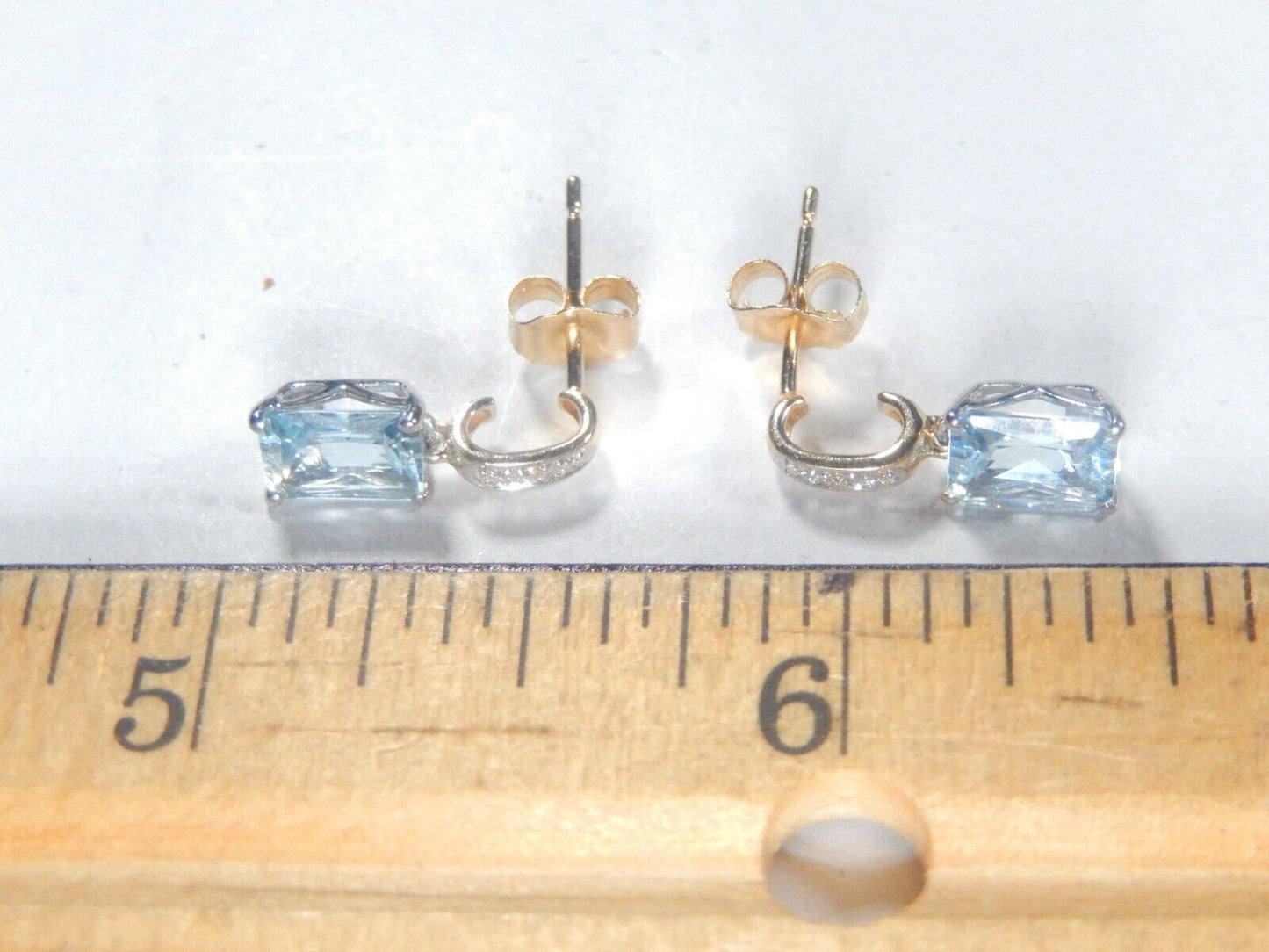 14K Yellow Gold 2.00 CT Emerald Cut Blue Topaz and Diamond Dangle Earrings