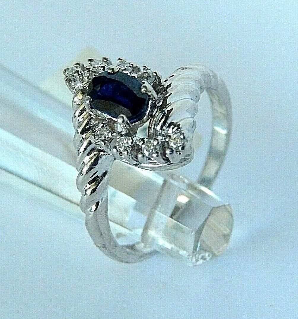 Ladies 14K White Gold Natural Blue Sapphire & Diamond Ring Size 6.75