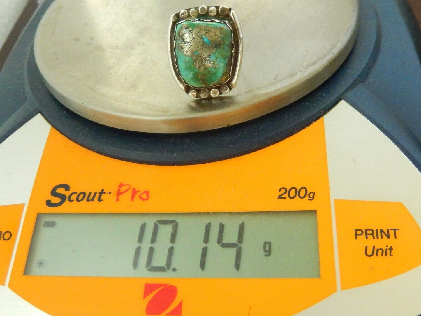*VINTAGE*  Native Amer. Sterling Silver Large Turquoise Ring Size 4.25