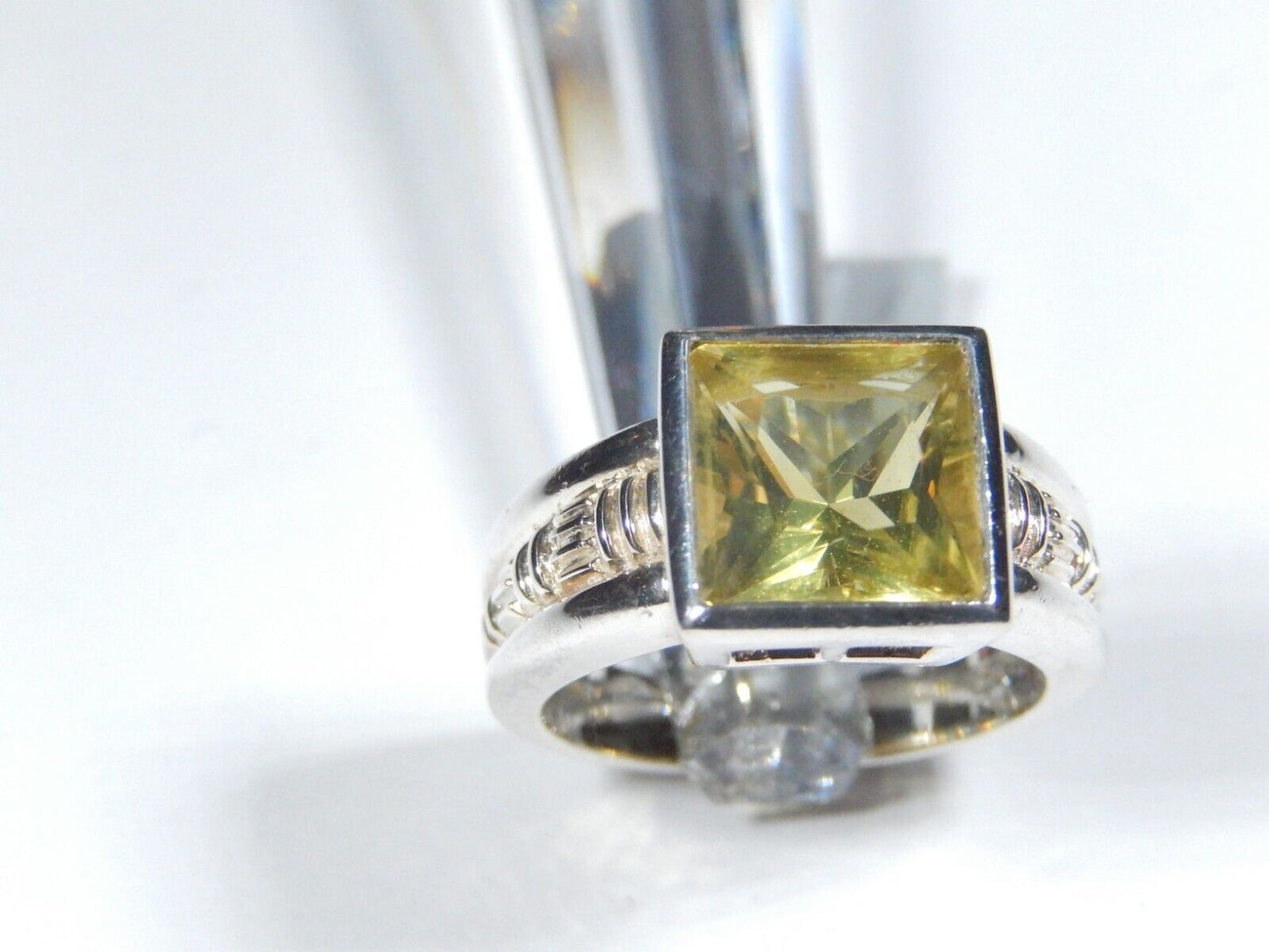 Solitaire Princess Cut Natural Peridot  3.50 Carat Ring in Sterling Silver