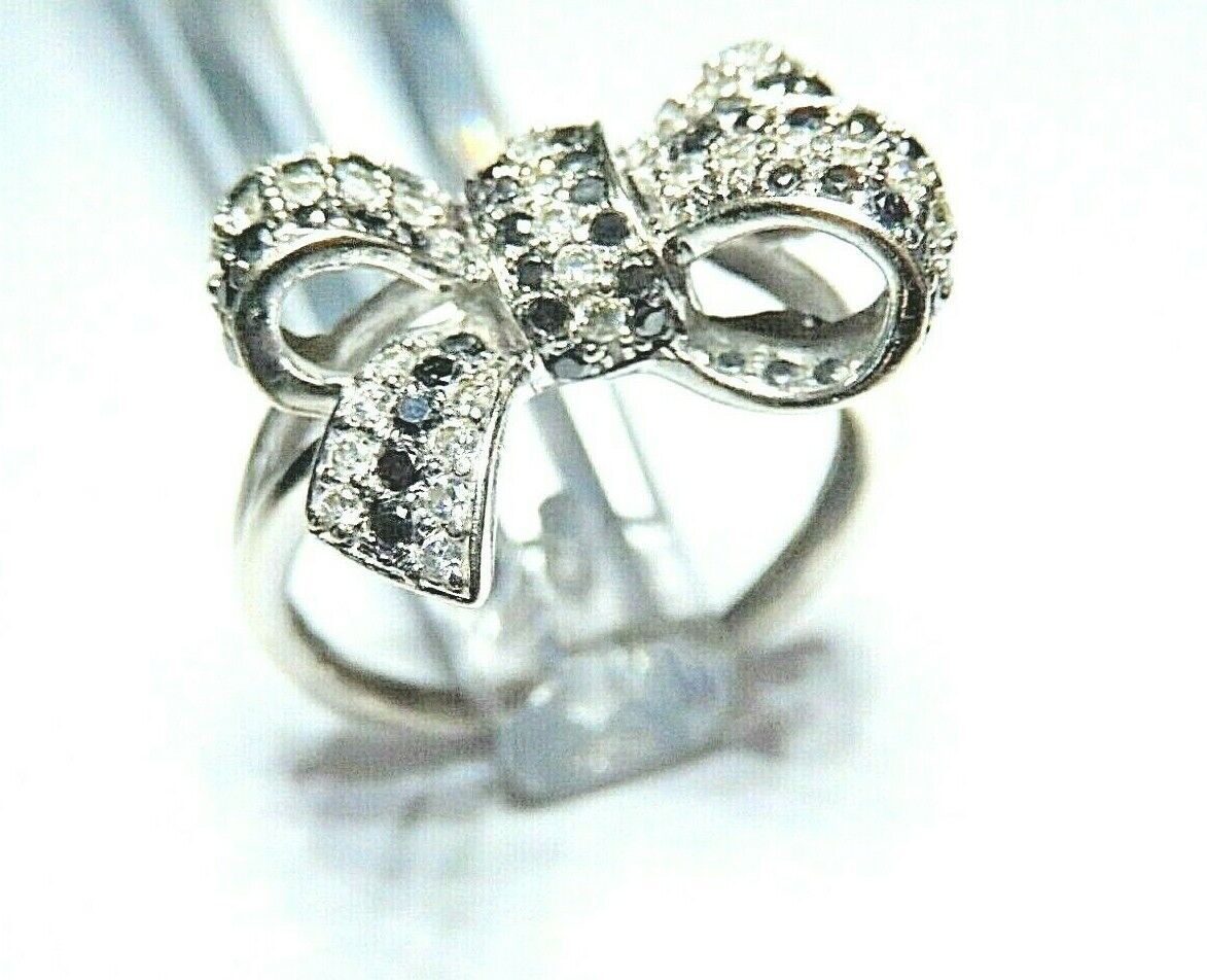 *VINTAGE* 14k White Gold .85CT White  And Black Round Diamond Bow Ring Size 7